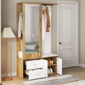 Liberté - Ensemble armoire, Porte manteau, miroir+patère+meuble à chaussures+2 tiroirs+tringle à vêtements rétractable, blanc+Bois