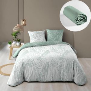 L'effet Papillon - Parure de Lit 240 x 220 cm – Réversible + Drap Housse Coton 57 fils Cassia Sauge
