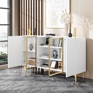 Buffet 150x38x85cm Design moderne MDF sans poign&eacute;es Blanc pieds m&eacute;talliques dor&eacute;s