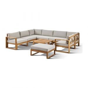 Salon de jardin d'angle modulable - Bois d'acacia - 9 personnes - LEVATA XXL - Lin + Housse