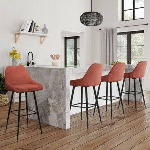 Idmarket Lot de 4 tabourets de bar THALYA en velours terracotta pieds noir avec demi-accoudoirs