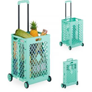Relaxdays Chariot de Courses Pliable, Caisse sur roulettes, 25 kg, poignée télescopique, grillagé, Turquoise