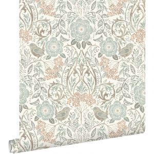 Papier peint fleurs et oiseaux de style art nouveau - 53 cm x 10,05 m de Estahome vert grisé, marron et rose pêche