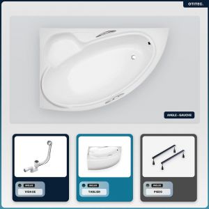 Baignoire asymétrique - 150 x 95 cm - Gauche - avec Tablier Blanc - Pieds - Vidage Chrome - BIANKA