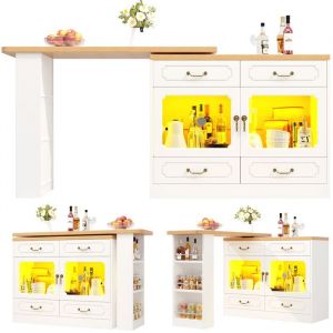 Table de bar extensible 135-203x39x92.8 cm - avec pivotement &agrave; 360&deg; et LED - Blanc