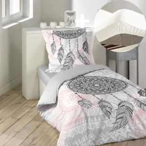 Pack parure de couette enfant 140x200 cm Namaste + drap housse 90x190 Blanc