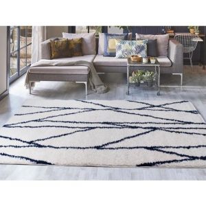 Tapis shaggy berbère asymétrique - 160 x 230 cm - Blanc et bleu nuit - BARDIO