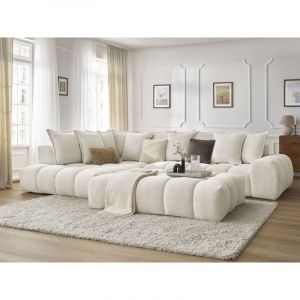 Bobochic Canapé d'angle fixe - Canapé d'angle fixe EVEREST tissu chiné avec pouf Angle gauche Blanc - Blanc