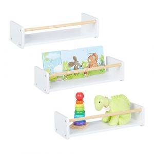 Relaxdays Rangement pour la Chambre de Votre Enfant, Lot de 3, Montage Mural, HxLxP : 12 x 50 x 18 cm, Blanc et Nature