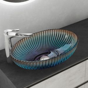 Mai&mai - Lavabo à Poser en Verre Lave-Mains Vasque Ovale à Poser Lavabo Bleu pour Salle de Bain wc d'Invités 50,5x35x14,5 cm Min04