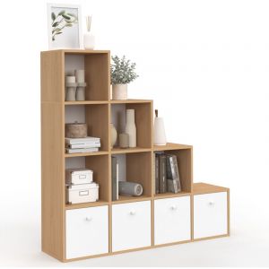 Idmarket Meuble de rangement en escalier LORYS 4 niveaux bois et blanc avec 4 tiroirs en tissu