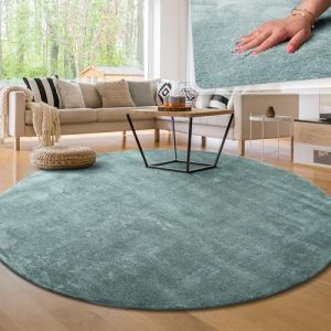 Paco Home - Tapis de salon Unicolore Lavable Pile courte et douce Turquoise, 200 cm rond