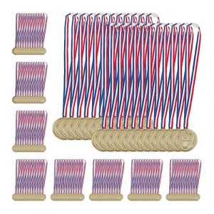 Relaxdays 120 x Goldmedaille Kinder, Band, Fackel, Auszeichnung für Siegerehrung, Medaillenset, 5 cm Ø, Plastik, Medaille, gold