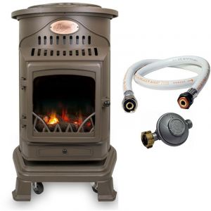 Image de Universal Chauffage d'appoint gaz Provence 3,4 KW Marron miel Effet poêle à bois Fonte Tuyau gaz vissable 1.5 m + detendeur butane