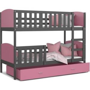 Lit superposé Tomy 90x190 GRIS ROSE Livré avec tiroir, 2 sommiers et 2 matelas en mousse de 7cm OFFERTS