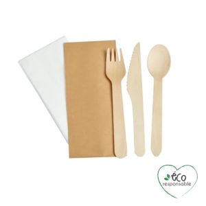 Homea Set de 6 Sets Individuels de Couverts Bois Cuillere+Couteau+Fourchette+Serviette
