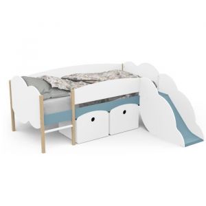 Demeyere Lit toboggan - 90 x 200 cm - sommier a lattes - 2 tirroirs - décor blanc et bleu orage