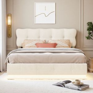 Lit double 160x200 cm - tissu en velours - hydraulique - LED - cadre de lit 160x200 cm - Beige