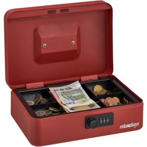 Image de Relaxdays Caisse à monnaie, serrure combinaison 3 chiffres, pour pièces et billets, HLP : 8,5 x 25 x 19 cm, rouge