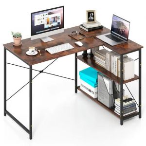 Bureau d'Ordinateur en Forme de L, Bureau d'angle Réversible avec Étagère Réglable, Table d'Étude Gain de Place avec Cadre Métallique Robuste, Marron