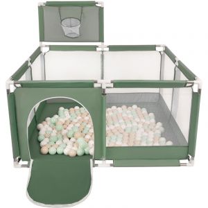 Image de Parc Bébé Avec 100 Balles Plastiques Aire De Jeu Pliable Basket, Vert : Beige Pastel/Blanc/Menthe - vert : beige pastel/blanc/menthe - Selonis