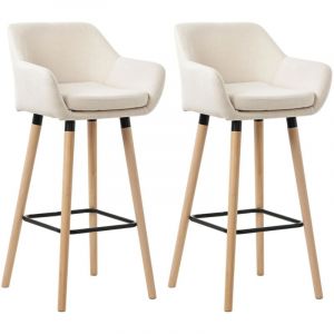 Décoshop26 Lot de 2 tabourets de bar lounge design scandinave assise en tissu beige pieds en bois repose-pieds en métal 100004172
