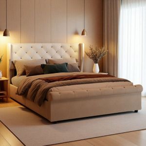 Lit Double 140x190 - Velours Beige - T&ecirc;te de Lit Confortable - Rangement Hydraulique - Lampes USB Int&eacute;gr&eacute;es