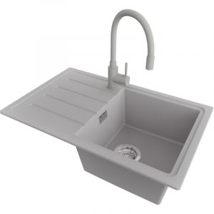 PRIMAGRAN Evier Cuisine en Granit 70x44cm,Lavabo 1 bac + Robinet 38x14cm + Kit de Vidage, &Eacute;vier &agrave; Encastrer au meuble 45cm - Copenhague Easy, Gris