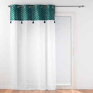 Douceur d'intérieur, Voilage à Oeillets (140 X 280 Cm) Evie Bleu, Voile Sablé Finition Top Velours Et Pompon