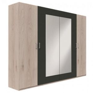 Wimex Armoire 4 portes 2 miroirs ANGIE 225 cm chêne hickory et graphite