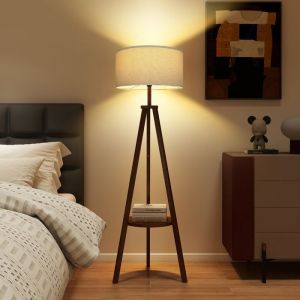 Image de Puluomis Lampadaire avec plateau de rangement, hauteur 165 cm, douille E27, interrupteur au pied, abat-jour en lin, noir