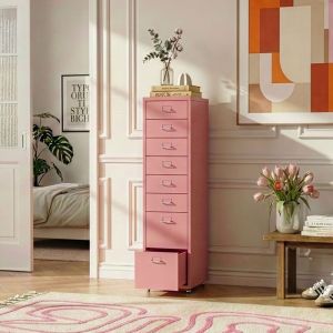 Caisson de bureau K&ouml;kar &agrave; roulettes avec 8 tiroirs 109 x 28 x 41 cm rose [en.casa]