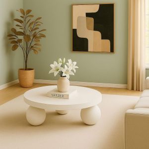 Table basse contemporaine design rond Bonnie texture minérale Blanc