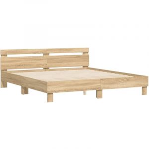 VidaXL Cadre de Lit avec Tête de Lit et LED, Lit Double avec Sommier à Lattes, Lit Adulte de Chambre, Chêne Sonoma 180x200 cm Bois d'Ingénierie