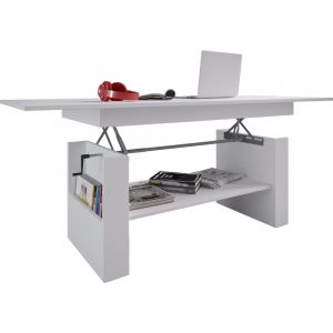 Vcm Kobila Table basse avec plateau r&eacute;glable en hauteur, 1 tablette de rangement et 2 compartiments, blanc.