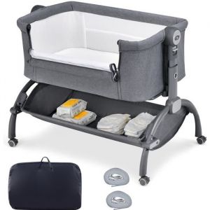 COSTWAY 3 en 1 Lit Cododo Bébé Convertible avec Matelas Doux, Berceau Bébé Pliable avec Hauteur Réglable, Inclinaison 2-8°, Roues Universelles, Lit