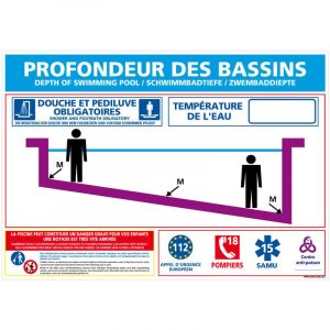 Image de Signaletique.biz France - Panneau Profondeurs des bassins, signal&eacute;tique piscine. Panneau obligatoire piscine. Sticker, pvc ou Alu, au choix