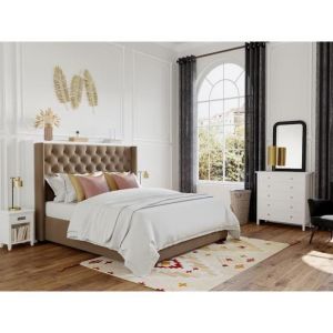 Lit avec tête de lit capitonnée - 160 x 200 cm - Tissu - Beige + Matelas - MASSIMO II