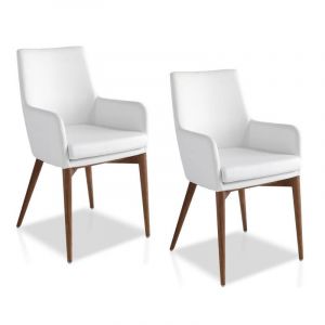 Chaise design effet cuir blanc avec accoudoirs et pieds en bois