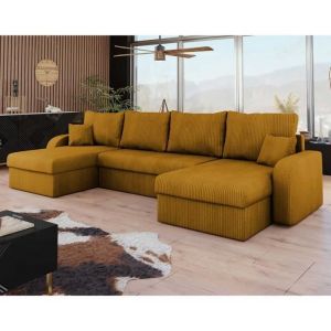 Canap&eacute; panoramique en U - BESTMOBILIER - Valos - 7 places - Convertible avec coffres - Velours c&ocirc;tel&eacute; Jaune
