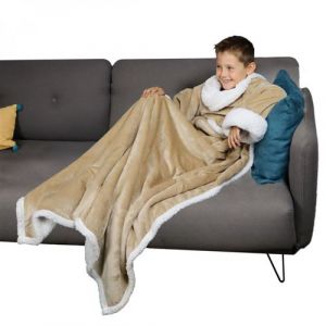 Plaid avec manches et poche - 120 x 160cm - Sherpa et flanelle - Enfant - Beige - Vivezen