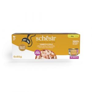 Schesir Ton avec Boeuf en Bouillon, Nourriture Humide complète pour Chats, en boîte, avec vitamines ajoutées, 100% Naturel, 6 x 85 g