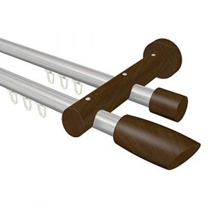 Flairdeco Tringle à Rideaux d'intérieur 2 Voies Type Ellipse Aluminium/Bois Gris argenté/Noyer 20 mm Ø 100 cm