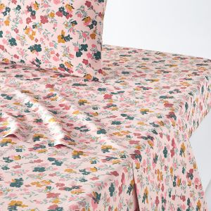 Drap plat coton lavé, Callas Imprimé Fond Rose Taille 180x290 cm;240x290 cm;270x290 cm