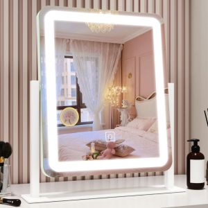 Miroir Maquillage 33x38cm Miroir LED Coiffeuse à intensité Variable 3 températures de Couleur Tactile Loupe 10X 360° Rotatif