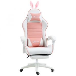 Vinsetto - Chaise gaming fauteuil gamer inclinable réglable repose-pied rétractable oreilles de lapin amovibles rose blanc