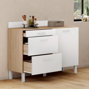 Idmarket Buffet bas de cuisine 120 cm casserolier cina plan de travail H.83 cm 1 porte + 3 tiroirs façon hêtre et blanc