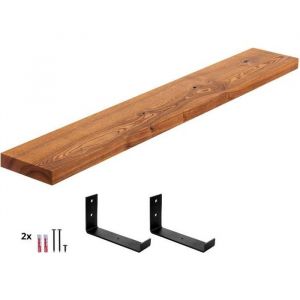 Tagère murale en bois massif, bord régulier, étagère de rangement Industrial, bois foncé / équerre noire 120cm, LWG-01-A-004-120JS - Foncé / Noire