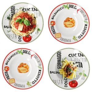 Set de 4 assiettes à pâtes décor I vert & rouge I Ø 26