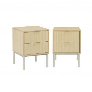 Sweeek Lot de 2 tables de chevet effet bois rainuré et métal pieds métal champagne 2 tiroirs